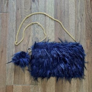 Natasha Couture Navy Faux Fur Clutch with Gold Chain